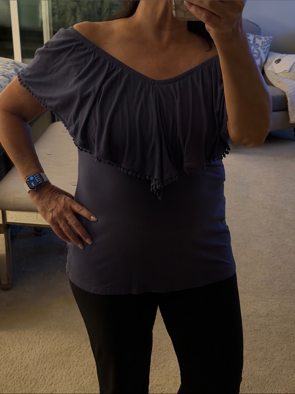 Pleione Off-Shoulder Ruffle Camisole in Slate Blue